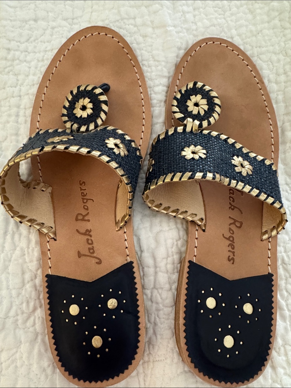 Jack Rogers Black and Tan Braided Leather Thong Sandals